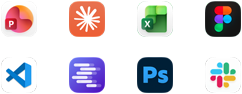 Appsymboler for Microsoft PowerPoint, Claude av Anthropic, Microsoft Excel, Figma, Visual Studio Code, LM Studio, Adobe Photoshop og Slack