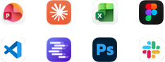 Appsymboler for Microsoft PowerPoint, Claude av Anthropic, Microsoft Excel, Figma, Visual Studio Code, LM Studio, Adobe Photoshop og Slack