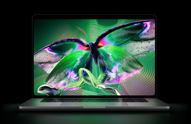 MacBook Pro med PROLED XDR-skjerm i fargen stellarsvart. På skjermen vises båndformede objekter med tette mønstre av glødende striper i varierende bredde som former ordet Pro
