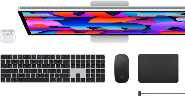 AirPods, Studio Display, Magic Keyboard, Magic Mouse, Magic Trackpad og MagSafe-ladekabel.