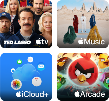 Fire ruter vises. Apple TV-ruten viser karakterer fra serien Ted Lasso. Musikk-ruten viser omslaget til Davidos album 5ive. iCloud+-ruten viser en sky omgitt av appsymbolene for Bilder, Kalender, Mail, Påminnelser, Meldinger og Filer. Apple Arcade-ruten viser karakterer fra spillet Angry Birds.