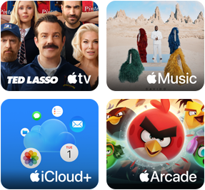 Fire ruter vises. Apple TV-ruten viser karakterer fra serien Ted Lasso. Musikk-ruten viser omslaget til Davidos album 5ive. iCloud+-ruten viser en sky omgitt av appsymbolene for Bilder, Kalender, Mail, Påminnelser, Meldinger og Filer. Apple Arcade-ruten viser karakterer fra spillet Angry Birds.