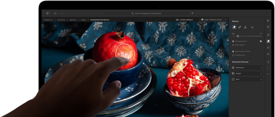 MacBook Pro med PROLED XDR-skjerm med et stillebenbilde av granatepler med blå keramikk og tekstiler, en hånd strekker seg mot skjermen for å arbeide med kunsten