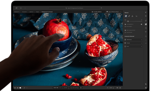 MacBook Pro med PROLED XDR-skjerm med et stillebenbilde av granatepler med blå keramikk og tekstiler, en hånd strekker seg mot skjermen for å arbeide med kunsten