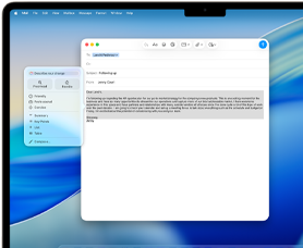Skjermen på en MacBook Air viser Apple Intelligence-funksjonen Skriveverktøy som genererer en e-posttekst.