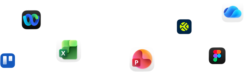 En rekke app-symboler rundt om på et bilde, inkludert Webex, Microsoft Excel, Figma og flere