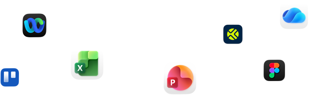 En rekke app-symboler rundt om på et bilde, inkludert Webex, Microsoft Excel, Figma og flere