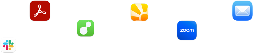 En rekke app-symboler rundt om på et bilde, inkludert Slack, Zoom, Mail og flere