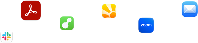 En rekke app-symboler rundt om på et bilde, inkludert Slack, Zoom, Mail og flere
