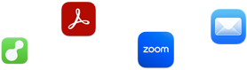 En rekke app-symboler rundt om på et bilde, inkludert Slack, Zoom, Mail og flere