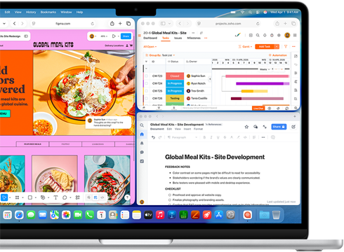 Skjermen på MacBook Air viser Figma, Zoho og Quip i tre separate vinduer for å illustrere multitasking.