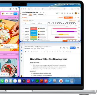 Skjermen på MacBook Air viser Figma, Zoho og Quip i tre separate vinduer for å illustrere multitasking.