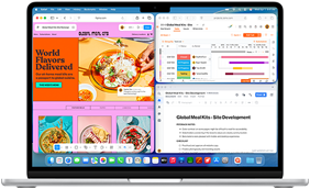 Skjermen på MacBook Air viser Figma, Zoho og Quip i tre separate vinduer for å illustrere multitasking.