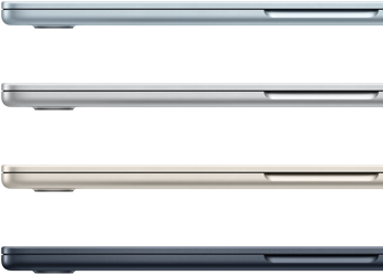 Fire MacBook Air-modeller i fire forskjellige finisher vises fra siden.