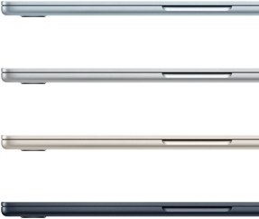 Fire MacBook Air-modeller i fire forskjellige finisher vises fra siden.