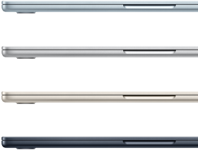 Fire MacBook Air-modeller i fire forskjellige finisher vises fra siden.