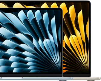 To MacBook Air-enheter som viser forskjellen på størrelsen til de to skjermene, som er henholdsvis 13,6 tommer og 15,3 tommer målt diagonalt.