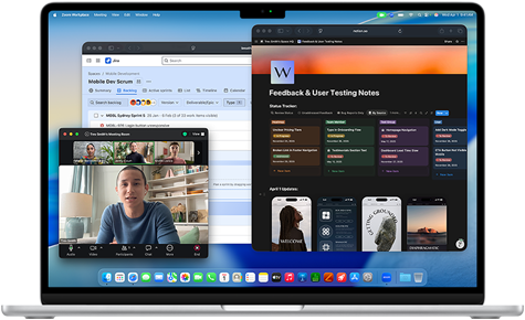 Skjermen på MacBook Air viser Notion, Jira og Zoom i tre vinduer for å illustrere at man kan bruke flere apper samtidig i macOS.