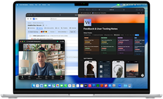 Skjermen på MacBook Air viser Notion, Jira og Zoom i tre vinduer for å illustrere at man kan bruke flere apper samtidig i macOS.