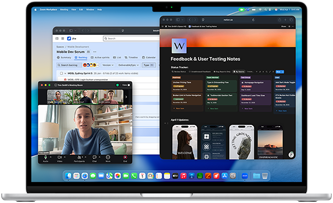 Skjermen på MacBook Air viser Notion, Jira og Zoom i tre vinduer for å illustrere at man kan bruke flere apper samtidig i macOS.