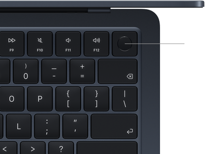Et nærbilde av Touch ID-knappen øverst til høyre på et MacBook Air-tastatur, med en strek koblet til Touch ID-symbolet for å vise at du kan berøre knappen for å låse enheten på en sikker måte.