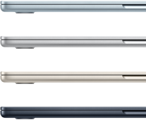Fire MacBook Air-modeller i fire forskjellige finisher vises fra siden.