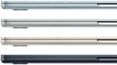 Fire MacBook Air-modeller i fire forskjellige finisher vises fra siden.