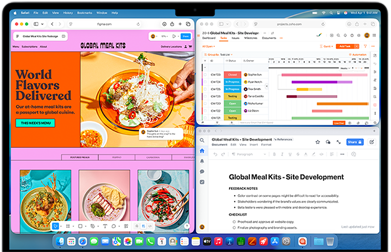 Skjermen på MacBook Air viser Figma, Zoho og Quip i tre separate vinduer for å illustrere multitasking.