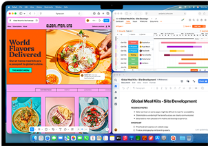 Skjermen på MacBook Air viser Figma, Zoho og Quip i tre separate vinduer for å illustrere multitasking.