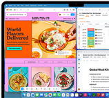 Skjermen på MacBook Air viser Figma, Zoho og Quip i tre separate vinduer for å illustrere multitasking.