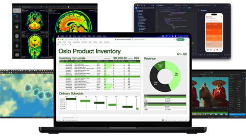 En rekke arbeidsrelaterte dokumenter fra excel, Safari, dataanalyser og bilderedigeringsapper på Mac, som viser Macens gode grafiske ytelse.