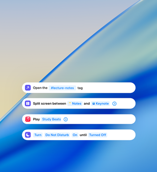 Jobbvarslinger viser forelesningsnotater, alternativ for Delt skjerm, Apple Music og Ikke forstyrr over en blå bølge i bakgrunnen.