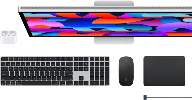Mac-tilbehør: AirPods, Studio Display, Magic Keyboard, Magic Mouse, Magic Trackpad, MagSafe-ladekabel i stellarsvart