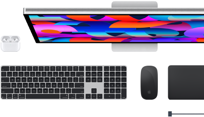 Mac-tilbehør: AirPods, Studio Display, Magic Keyboard, Magic Mouse, Magic Trackpad, MagSafe-ladekabel i stellarsvart
