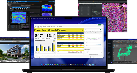 Flere MacBook Pro-maskiner viser appene MATLAB, Vectorworks, QuPath, LM Studio Maya og Microsoft Excel.