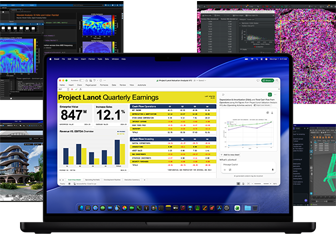 Flere MacBook Pro-maskiner viser appene MATLAB, Vectorworks, QuPath, LM Studio Maya og Microsoft Excel.