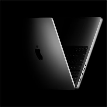 MacBook Pro posisjonert i V-form, som er en referanse til M5-chipserien.