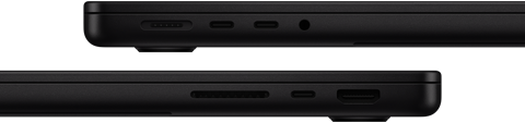 Portene på MacBook Pro vises. På venstre side vises MagSafe, to Thunderbolt-porter og en hodetelefonutgang. På høyre side vises SDXC-kortplassen, en Thunderbolt-port og en HDMI-port.