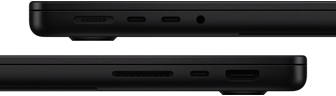 Portene på MacBook Pro vises. På venstre side vises MagSafe, to Thunderbolt-porter og en hodetelefonutgang. På høyre side vises SDXC-kortplassen, en Thunderbolt-port og en HDMI-port.
