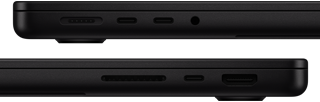 Portene på MacBook Pro vises. På venstre side vises MagSafe, to Thunderbolt-porter og en hodetelefonutgang. På høyre side vises SDXC-kortplassen, en Thunderbolt-port og en HDMI-port.