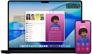 En MacBook Pro og iPhone 16 Plus vises. Telefon-appen er åpen, og den samme kontakten vises på begge enhetene for å demonstrere kontinuitet.