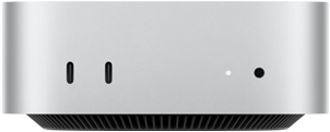 Mac mini i sølv vist forfra, med to USB-C-porter, av/på-knapp, statuslys og ventilasjonsgrill nederst