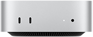 Mac mini i sølv vist forfra, med to USB-C-porter, av/på-knapp, statuslys og ventilasjonsgrill nederst