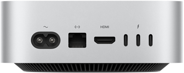 Mac mini vist bakfra, strømforsyning, Ethernet-port, HDMI-port, tre Thunderbolt-porter