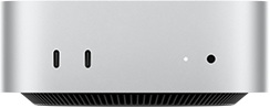 Mac mini i sølv vist forfra, med to USB-C-porter, av/på-knapp, statuslys og ventilasjonsgrill nederst