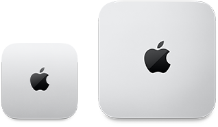 To Mac mini-enheter sett ovenfra i sølvfarget aluminium med avrundede hjørner og en blank svart Apple-logo i midten. Enheten til venstre er en nyere modell og er mindre enn halvparten så stor som enheten til høyre.