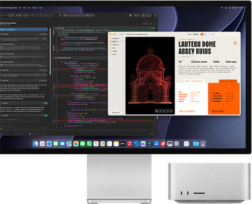 Skjermen på Studio Display XDR viser et dokument som behandles i Claude Agent i Xcode. Mac Studio vises også forfra.