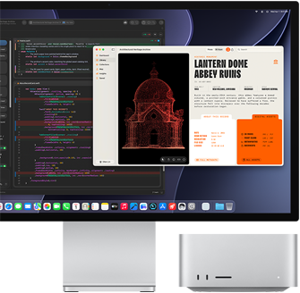 Skjermen på Studio Display XDR viser et dokument som behandles i Claude Agent i Xcode. Mac Studio vises også forfra.