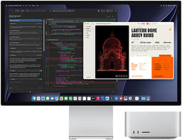 Skjermen på Studio Display XDR viser et dokument som behandles i Claude Agent i Xcode. Mac Studio vises også forfra.