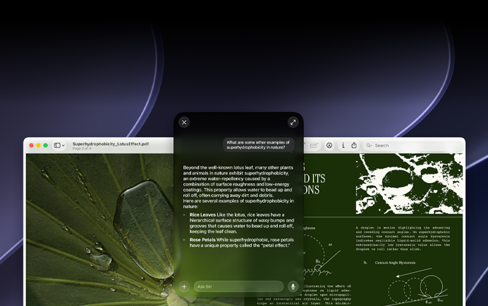 En demonstrasjon av Siri og visuell intelligens. På en Mac-skjerm vises et spørsmål om et emne i en PDF. Spørsmålet er: «Hva er noen andre eksempler på superhydrofobitet i naturen?». Svaret fra Siri er: